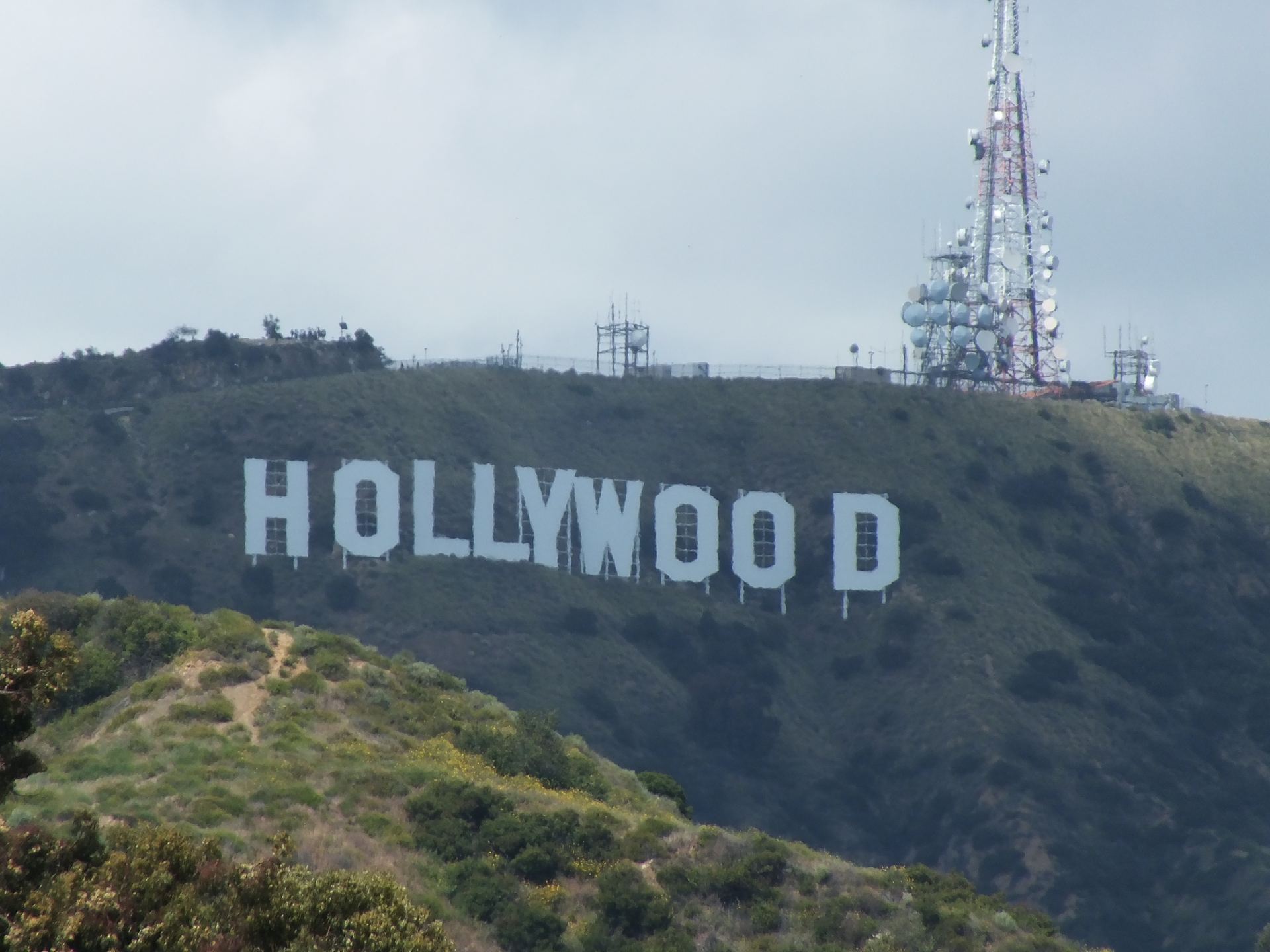 The Hollywood sign on the hills, seen from the Dolby Theatre terrace