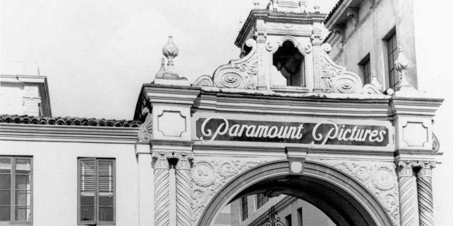 The ornate entrance gate of the Paramount Pictures studio around 1940