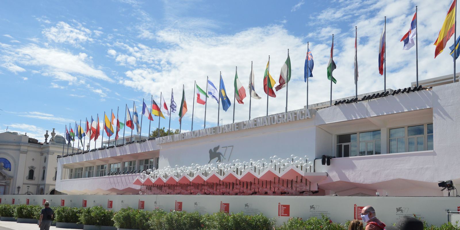 The festival building on the Lido decorated with flags during the Venice Film Festival